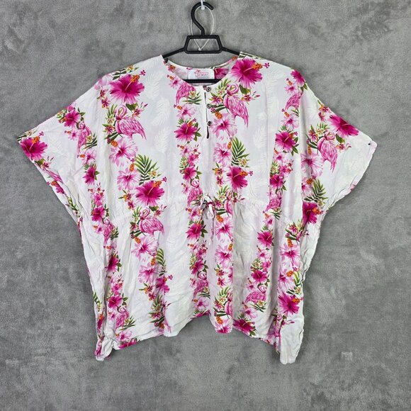 Womens Hawaiian Hangover White & Pink Floral Kimono Style Top Rayon One Size - Picture 2 of 7